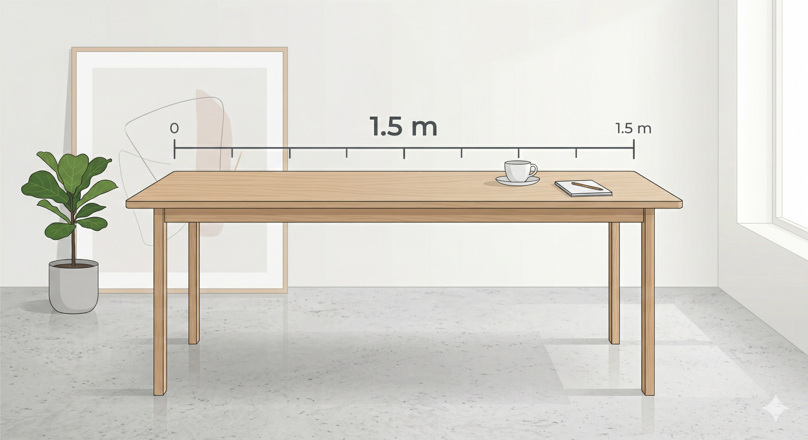 A minimalist illustration showing a table with a labeled measurement line along its length. The line should have '1.5' marked on it, and the unit 'm' clearly indicated. Keep the design clean and modern.